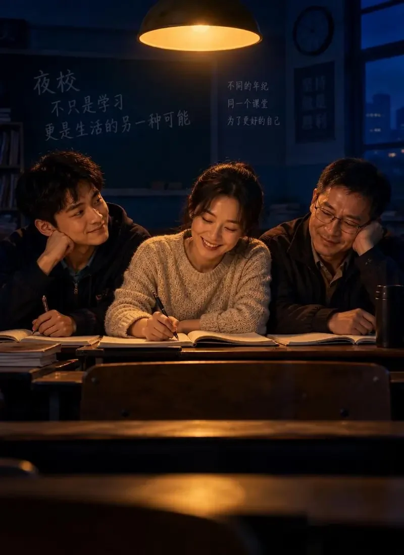 《夜校第十七排》封面：三位不同年龄的成年人在夜校最后一排共读