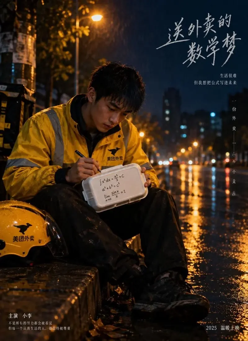 《外卖箱里的数学》封面：外卖骑手在深夜路边把公式写在餐盒盖上