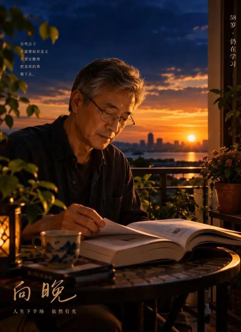 备考的黄昏剧照背景：《备考的黄昏》封面：58 岁男人戴着老花镜在阳台夕照下翻读教材