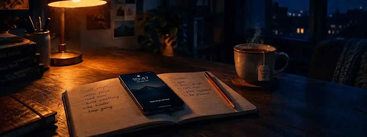 深夜书桌上放着手机与摊开的笔记本，暖黄台灯照亮四周