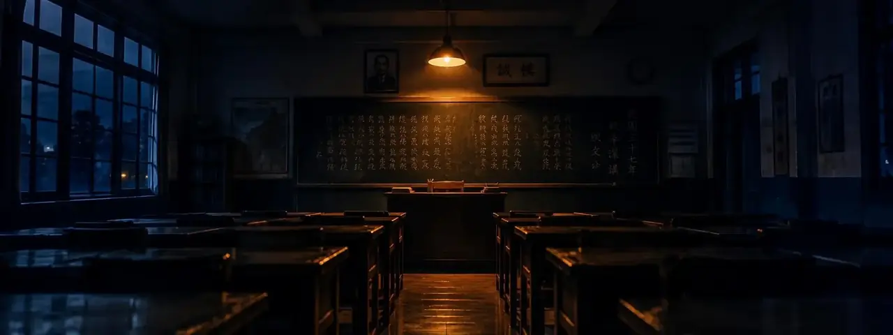 创作团队在夜校教室里架设摄影机,暖黄灯光照着课桌与黑板